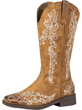 Women's Tan Square Toe Floral Embroidered Wide Calf Cowgirl Western Boots